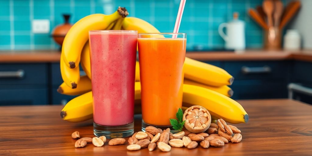 Healthy pre-workout meal with smoothie, bananas, and nuts.
