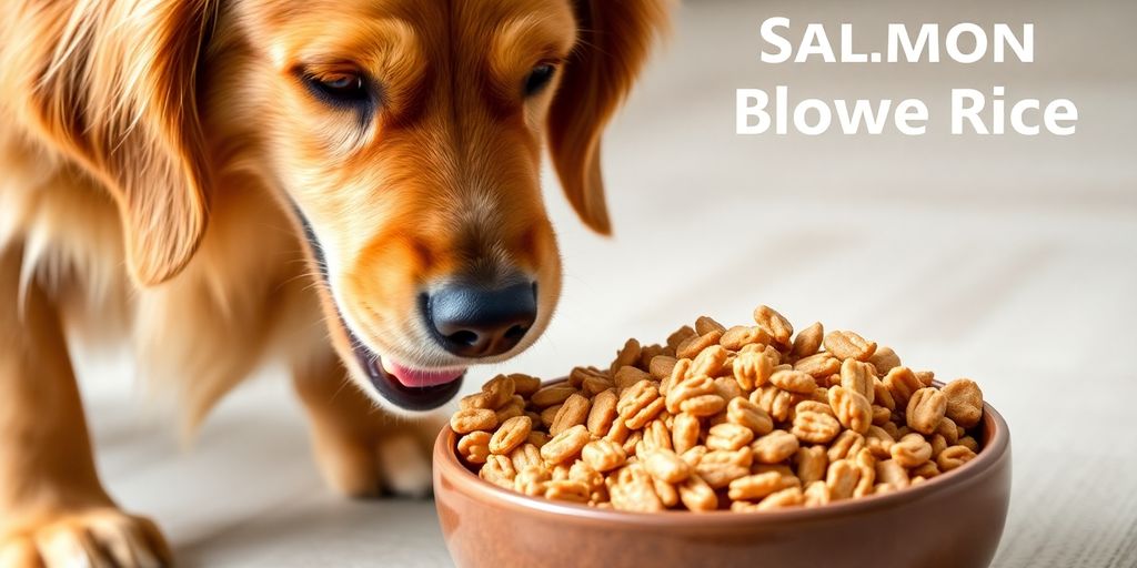 Dog eating salmon and brown rice kibble.