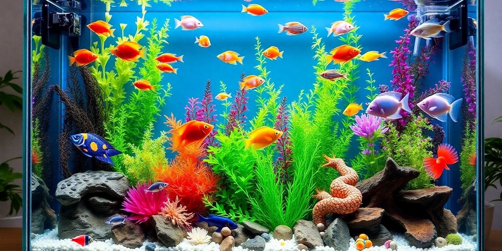 Colorful aquarium with fish and plants.
