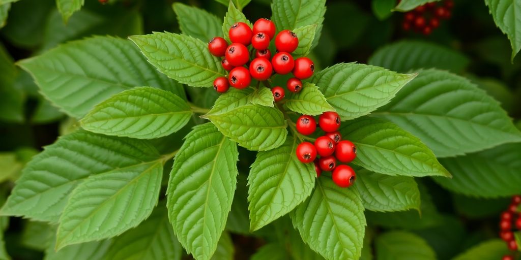 Ashwagandha plant with vibrant green leaves and red berries.