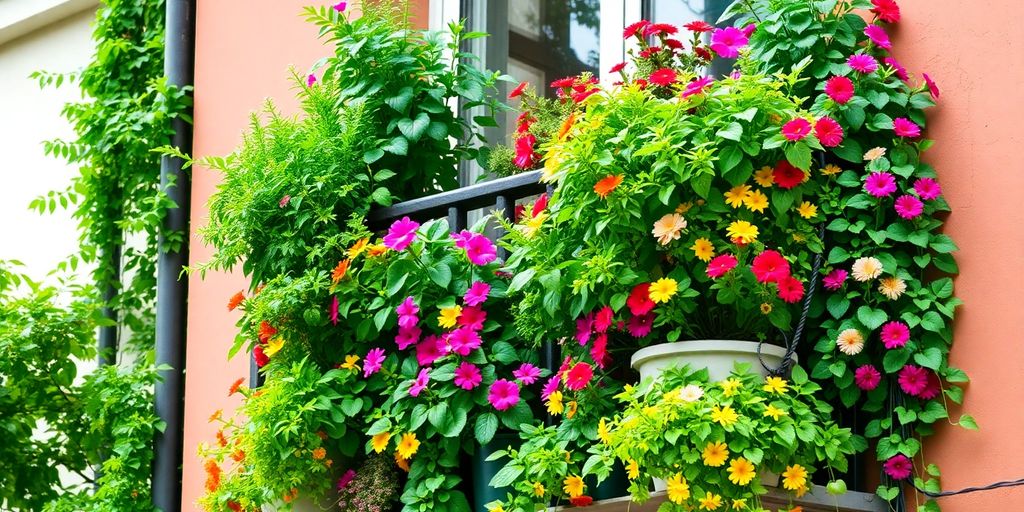 Grüner Balkon mit vertikalem Garten und Blumen.