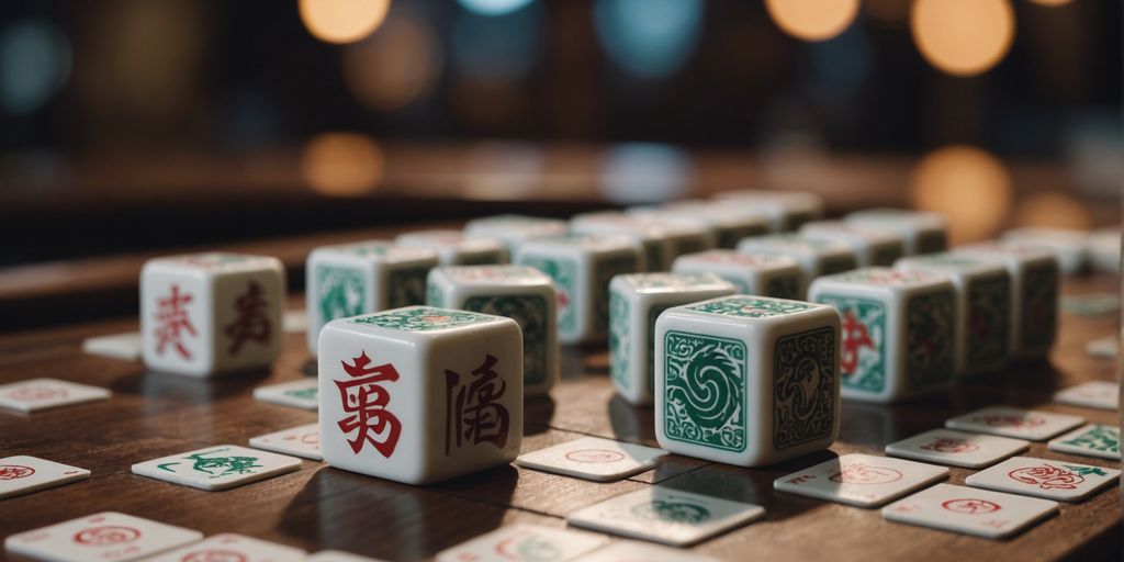 Mahjong tiles showing Winds and Dragons symbols on table.