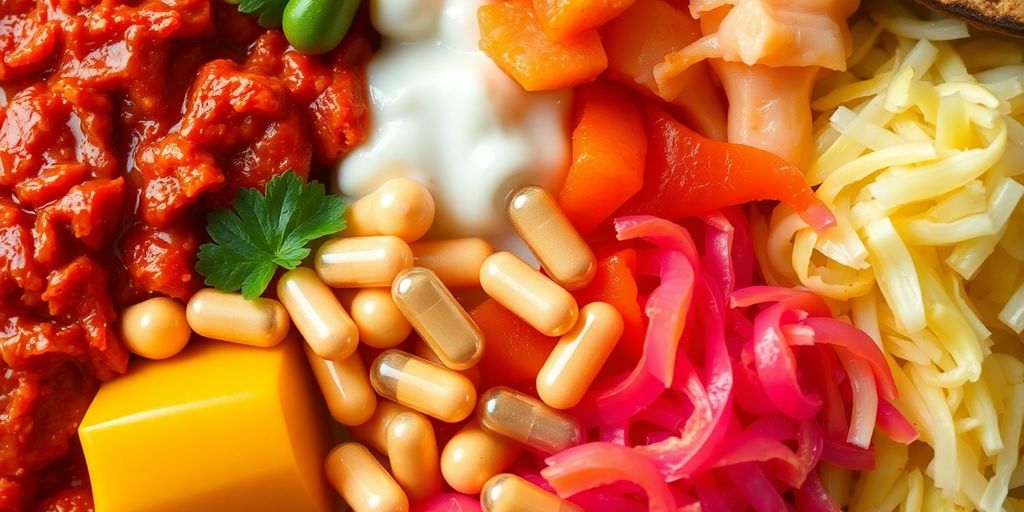 Colorful assortment of fermented foods and supplements.