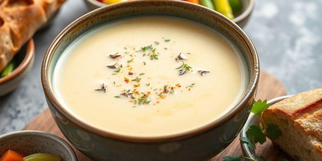 Bowl of creamy milk soup with herbs and bread.