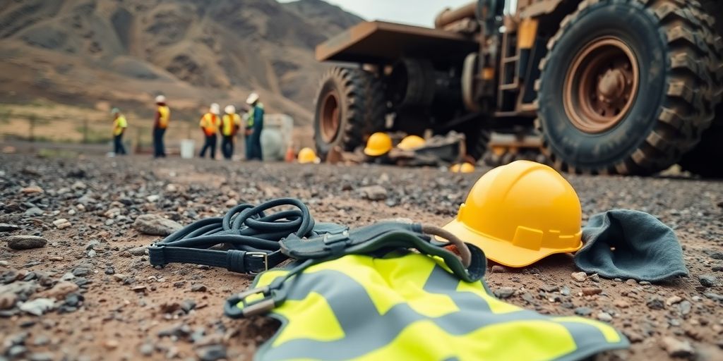 Oilfield machinery with protective gear in a rugged landscape.