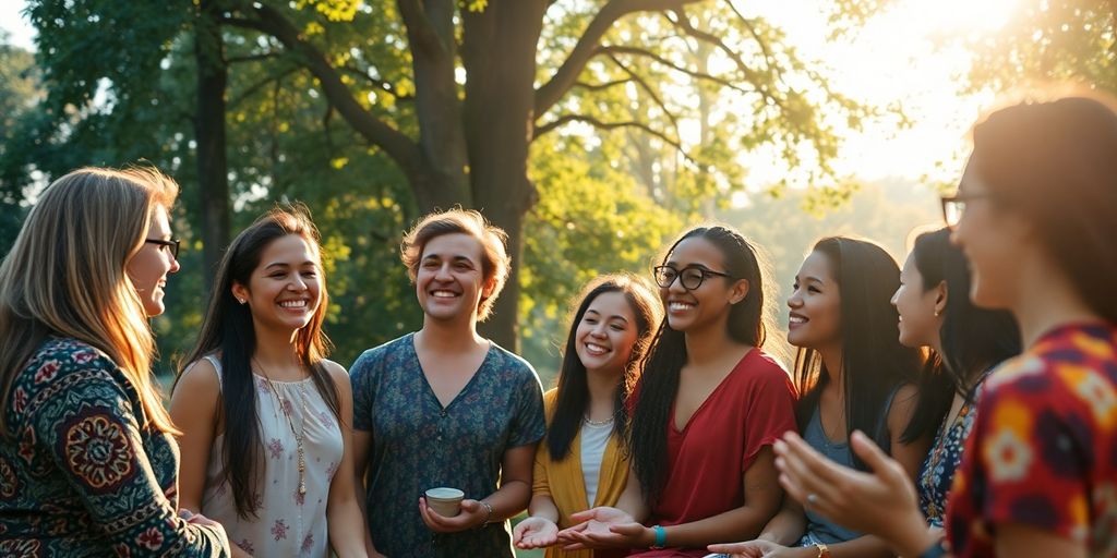 Grupo de pessoas em um ambiente espiritual harmonioso.