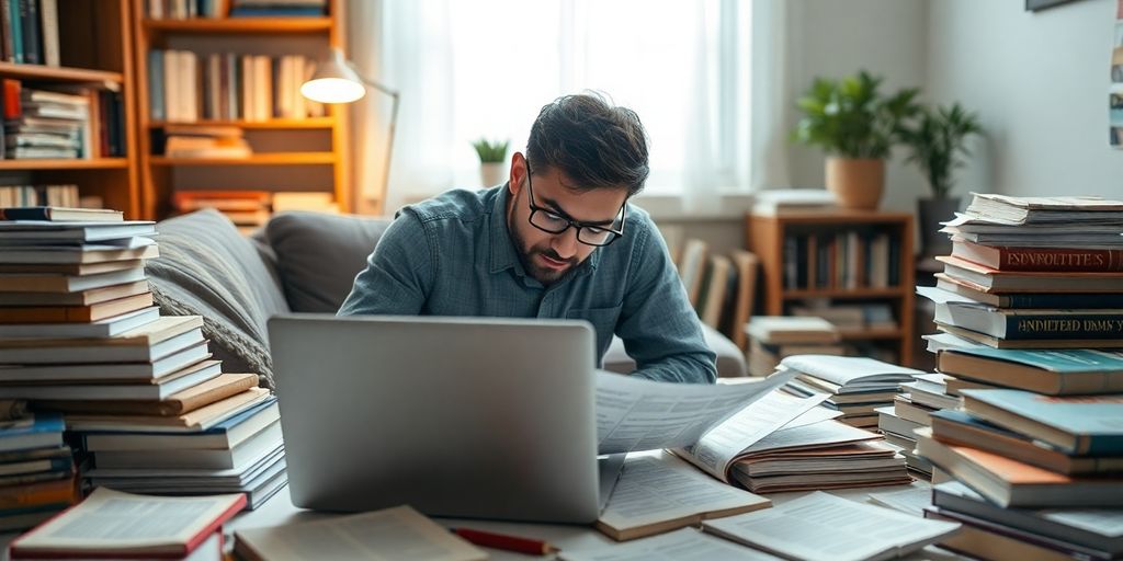 Person working intently at a desk with diverse research materials.