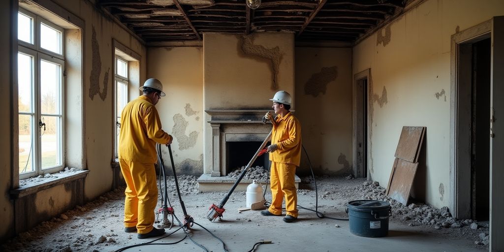 Fire damage restoration with workers and tools in a home.