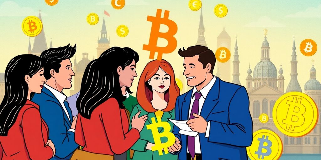 People discussing cryptocurrency regulations in a european setting.
