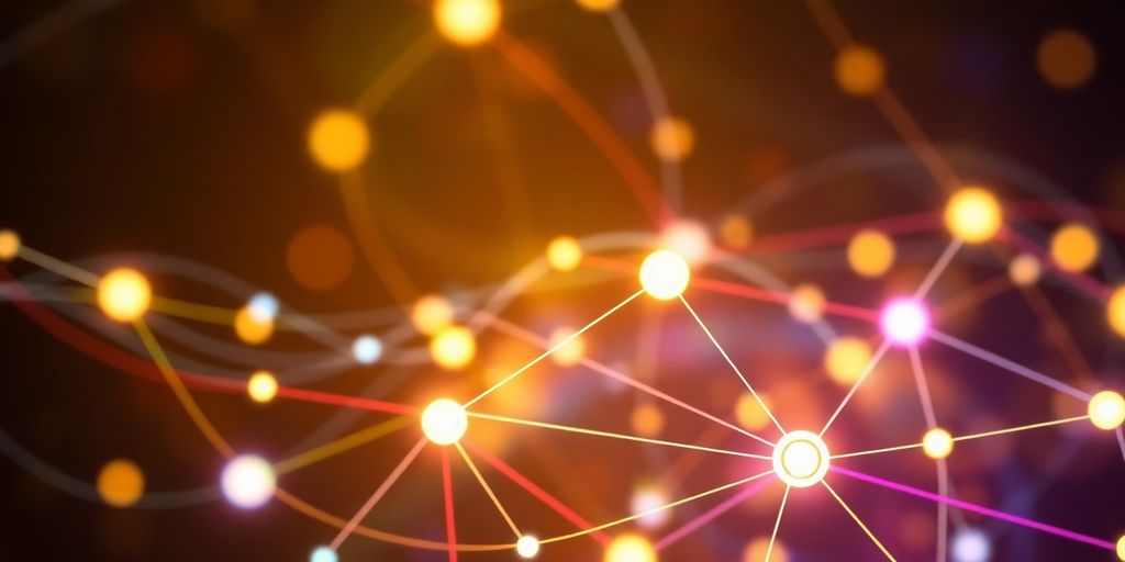 Abstract visual of digital networks and glowing nodes.