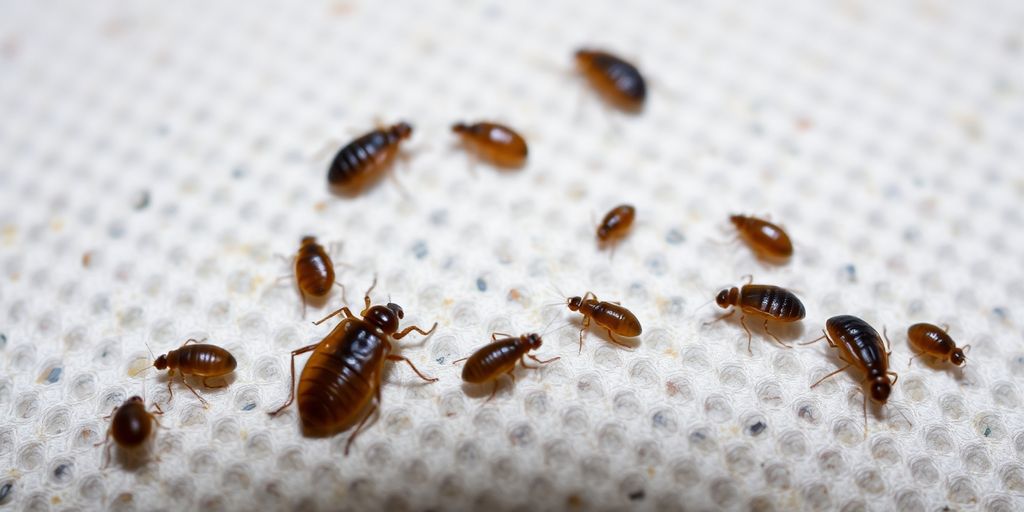 Close-up of bed bugs and fleas on a surface.