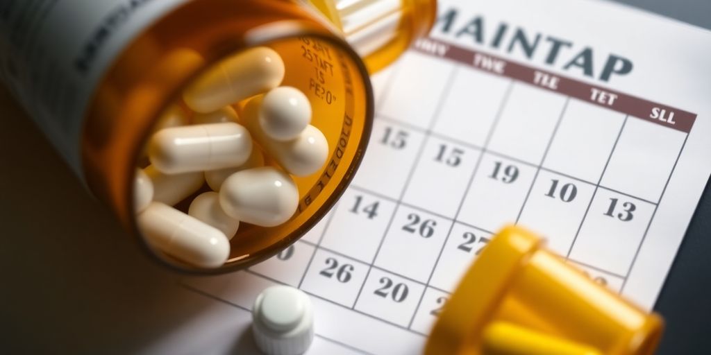 Pill bottle and calendar highlighting medication timing.