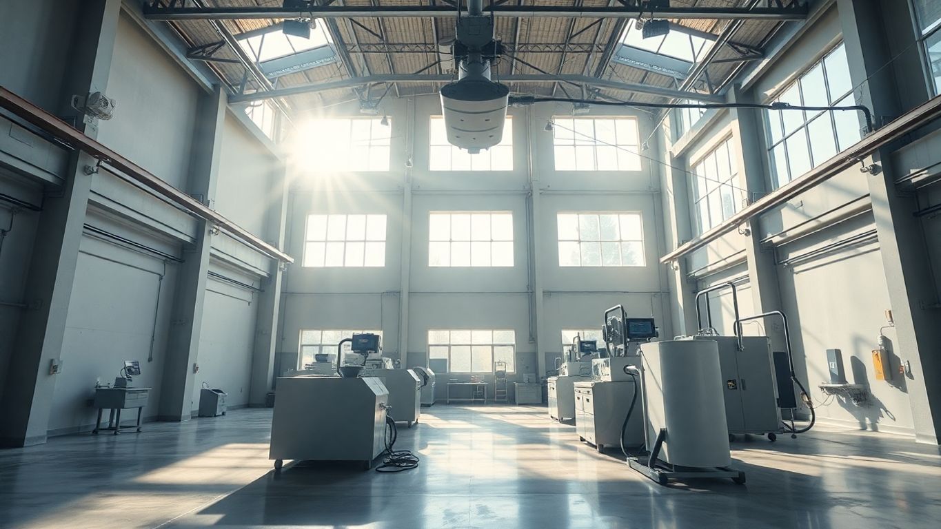 Interior de instalación industrial con alto sistema de eliminación de polvo.