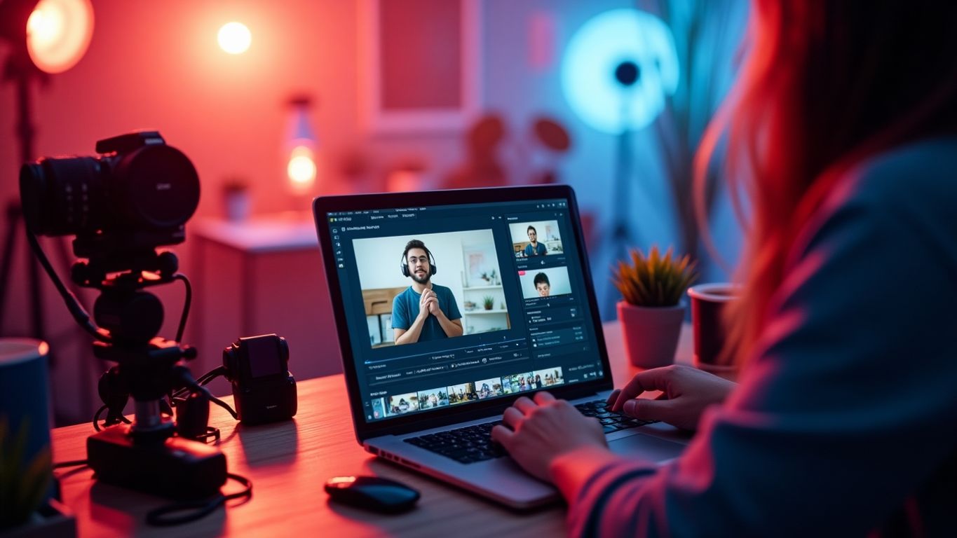 Person creating video content with laptop and equipment.