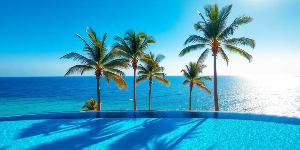 Luxury resort pool, ocean view, palm trees.
