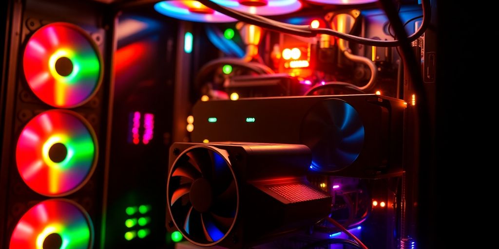 Close-up of a cryptocurrency mining rig with GPUs.