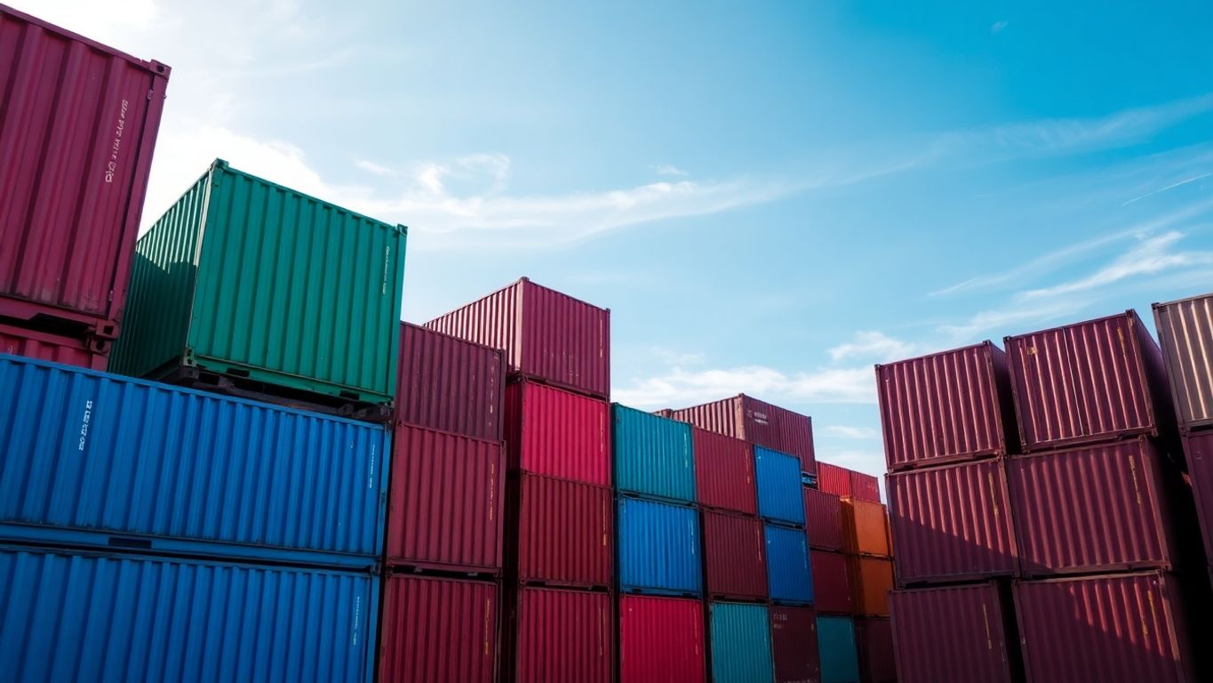 Stack of shipping containers under blue sky.