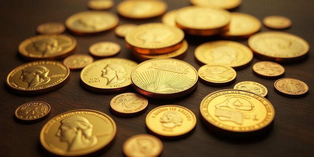Collection de pièces d'or américaines sur une surface en bois.