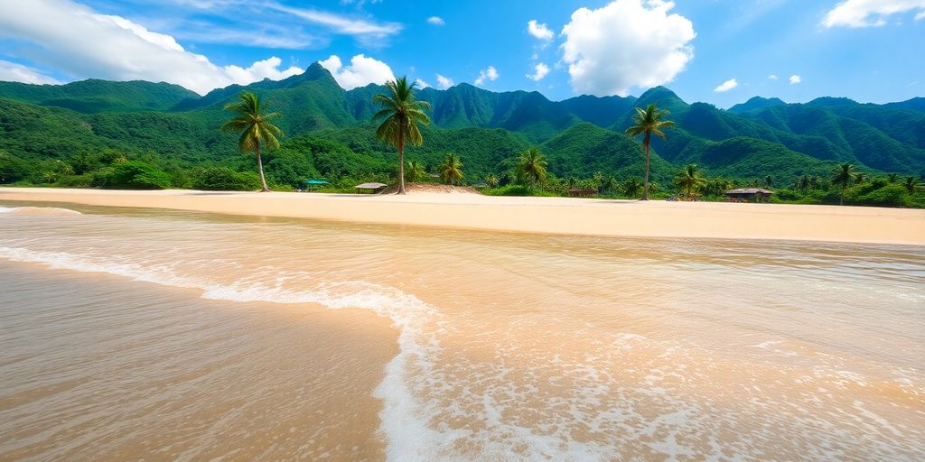 Tropical beach with clear water and green mountains.
