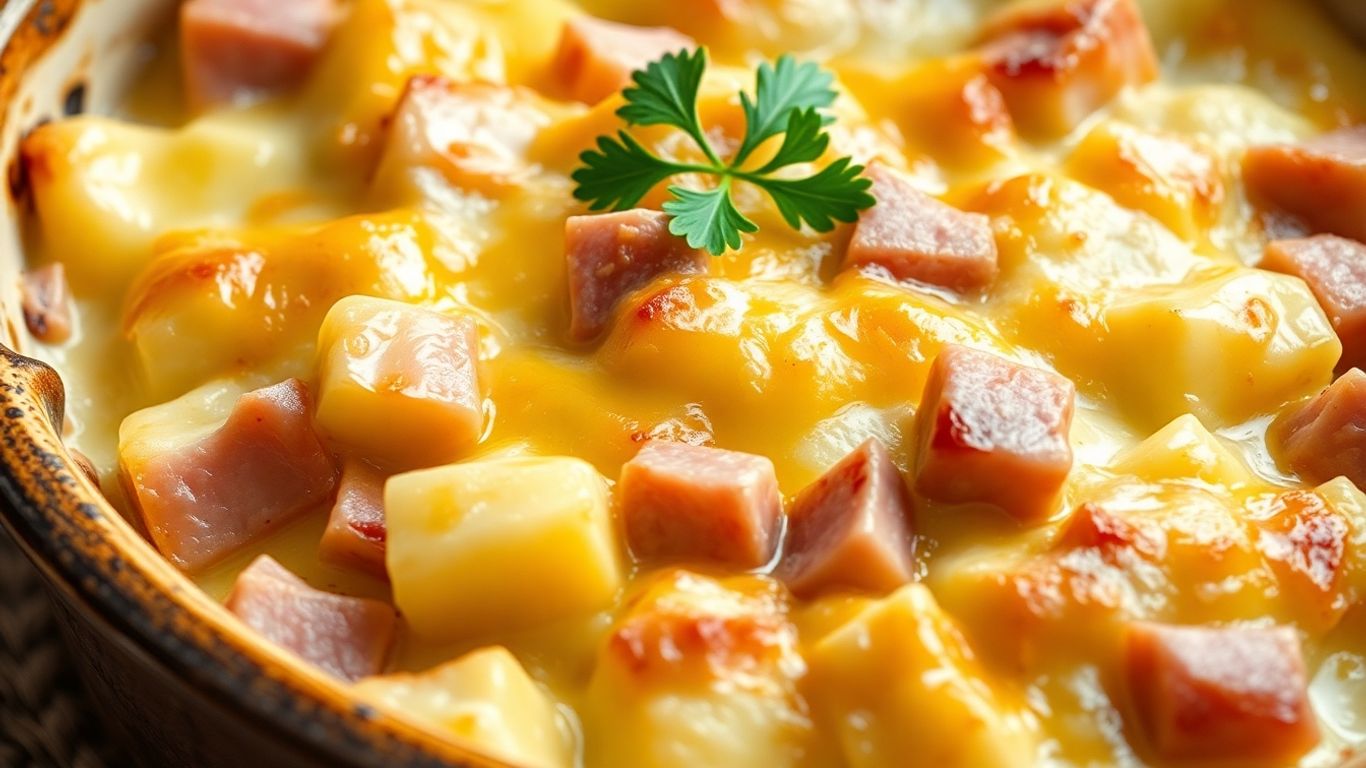 Creamy scalloped potatoes with ham in a baking dish.