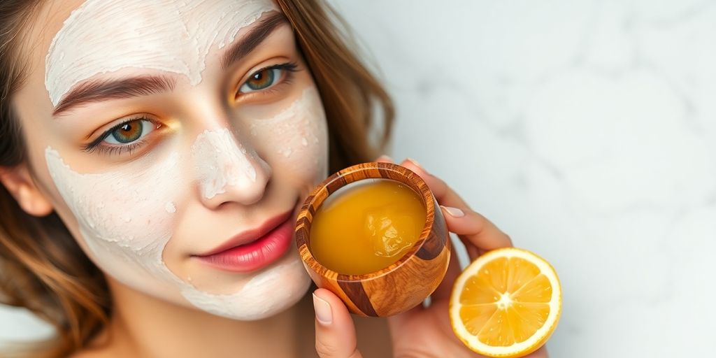 Young woman wearing honey lemon mask holding bowl and lemon.