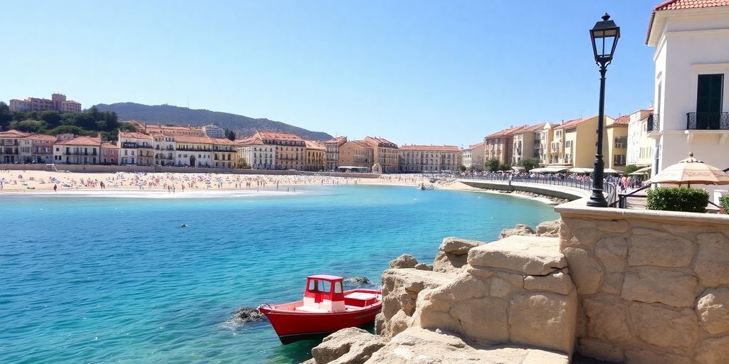 Coastal view of Spain with Mediterranean architecture.
