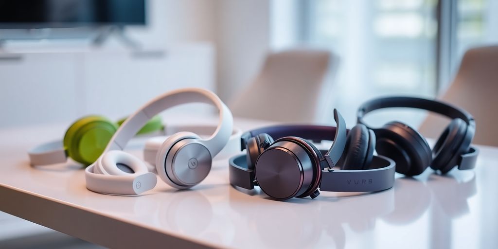Verschiedene Bluetooth-Kopfhörer auf einem modernen Tisch.