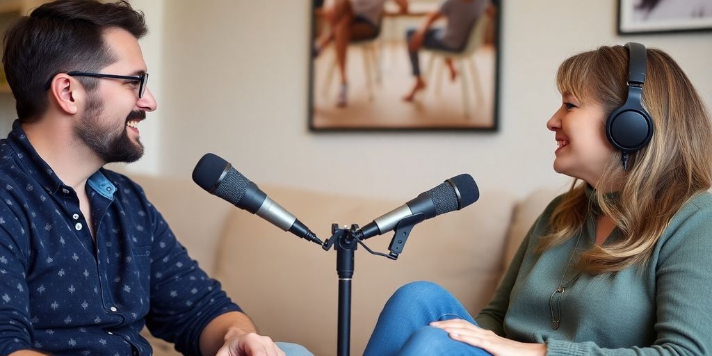 Pareja discutiendo sobre sexualidad con micrófonos.