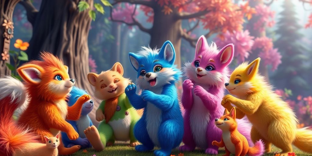 Colorful anthropomorphic animals in a vibrant fantasy forest.