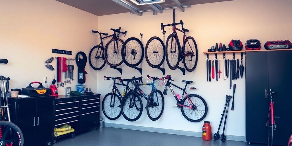 Garage with vertical bike storage and organized tools.
