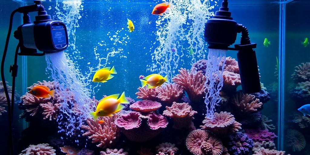 Saltwater fish tank na may powerheads at wave makers.