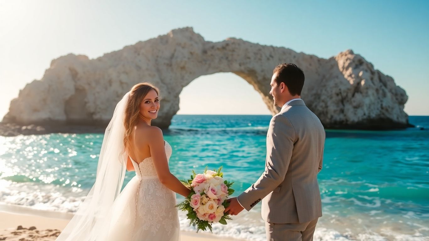 Cabo wedding couple at beach with Arch and ocean
