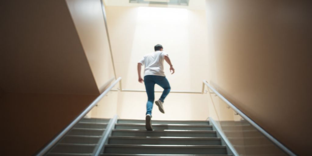 A person quickly ascending stairs with a briefcase.