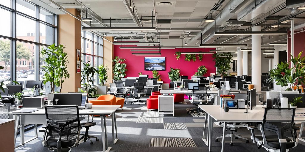 Modern office with ergonomic furniture and advanced technology.