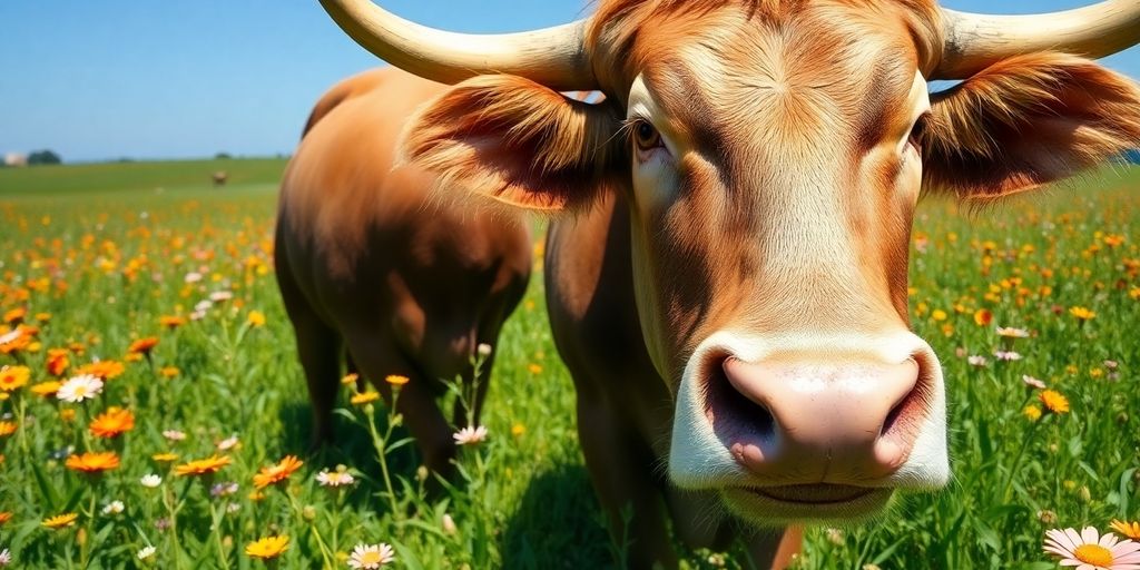 Toro en un campo verde con flores vibrantes.