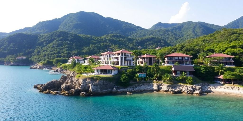 Phuket coastline with luxury villas and clear blue waters.