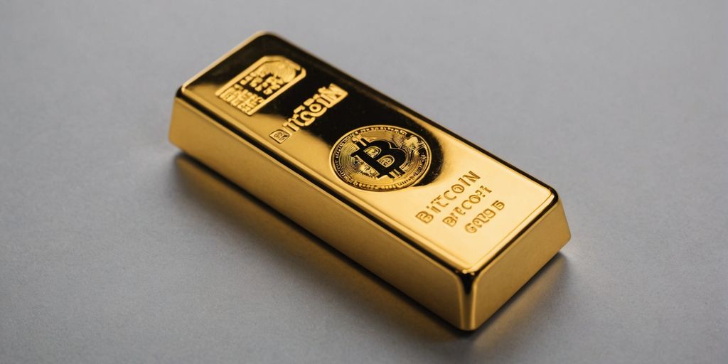 Gold bar and Bitcoin symbol split image