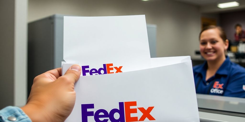 Inside FedEx Office, customer picking up prints.