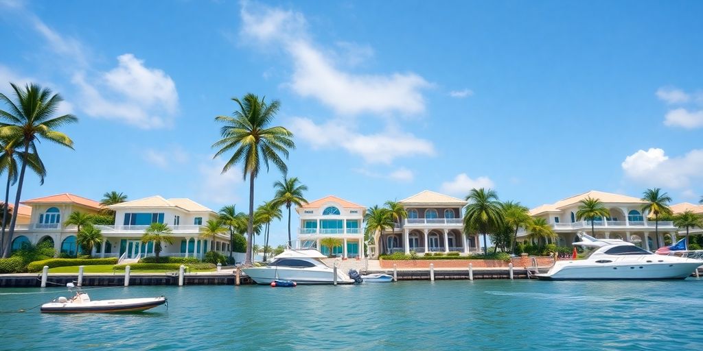 Vibrant Palm Beach waterfront homes with boats and palm trees.