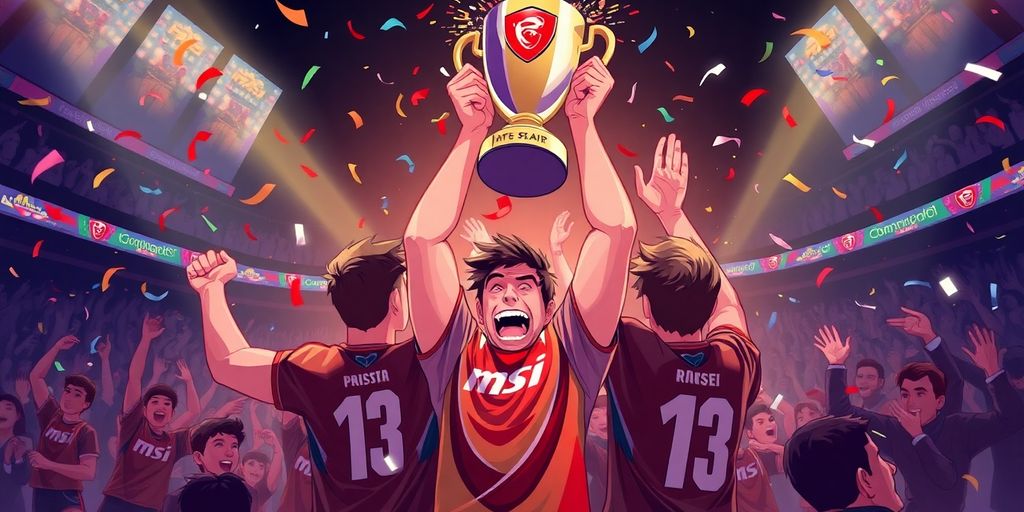 T1 players celebrating MSI 2025 championship victory on stage.