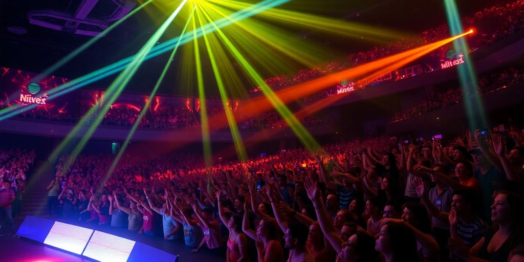 Futuristic arena, light beams, diverse crowd cheering.