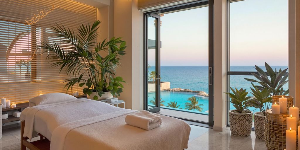 Spa treatment room with ocean view and calming decor.