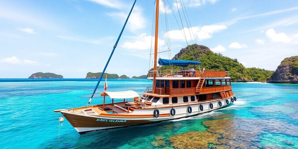 Phinisi boat sailing in tropical waters with lush islands.
