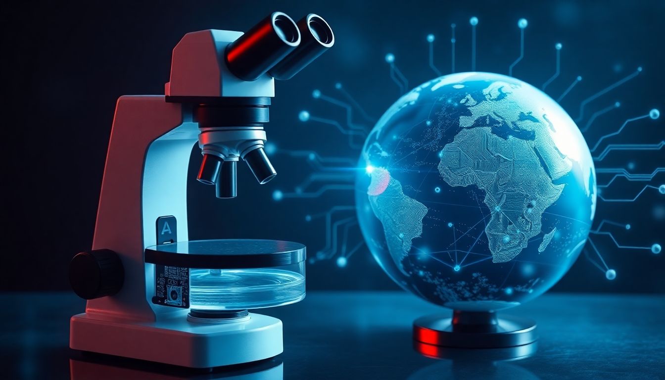 Microscope, circuit board, and globe composite image.
