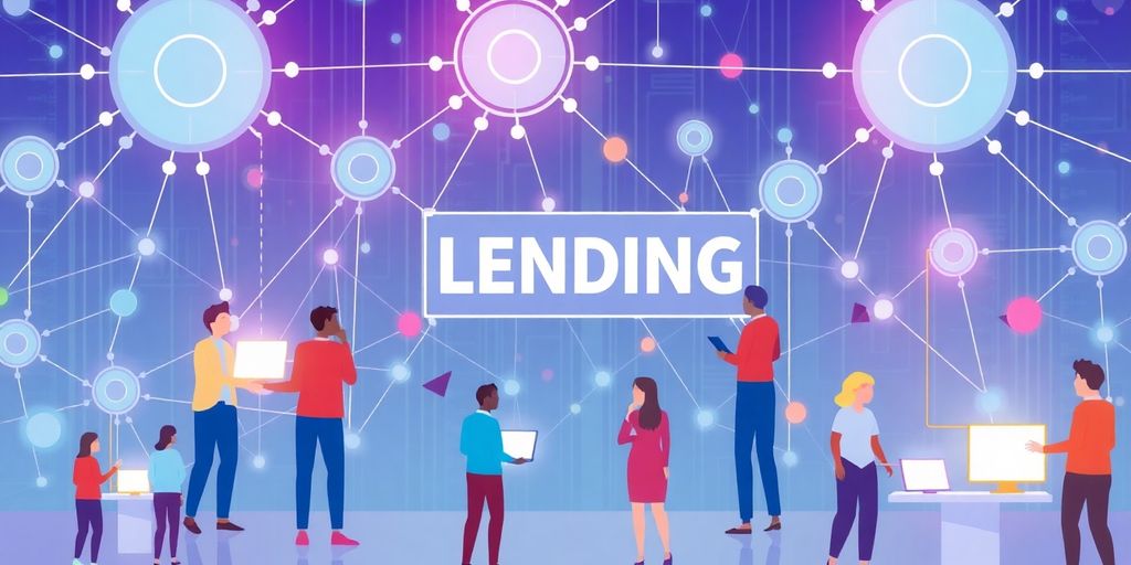 Illustrative image of digital nodes and diverse people lending.