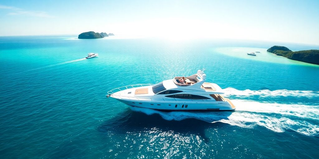 Luxury yacht sailing turquoise Bahamas waters.