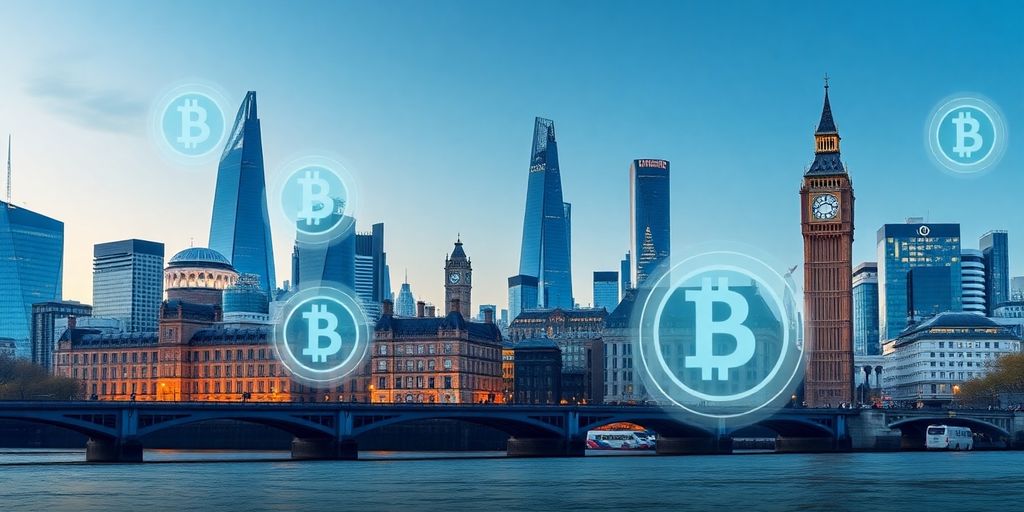 London skyline with digital tokens representing property investment.