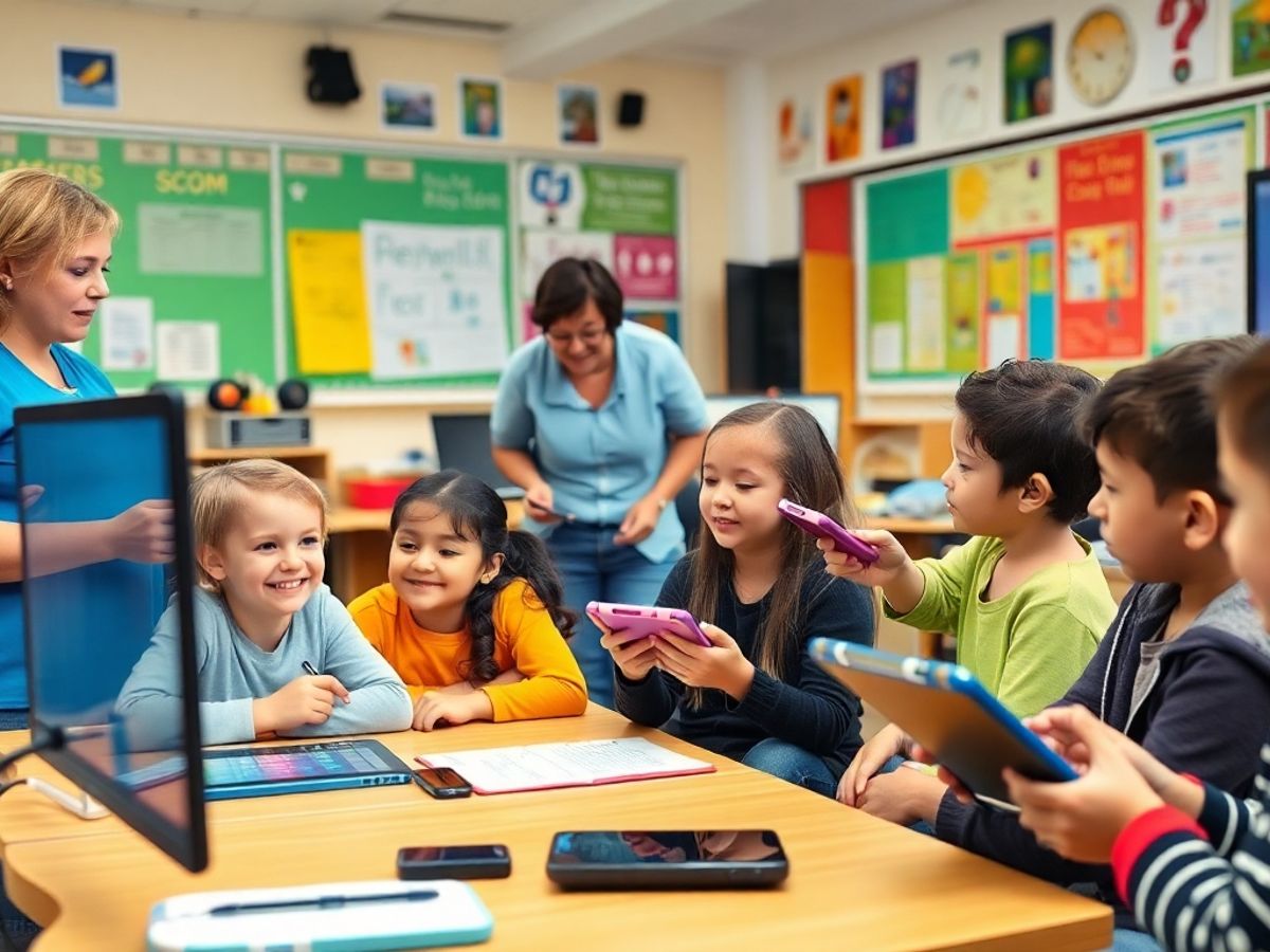 Învățarea media în clasă cu profesori și copii.