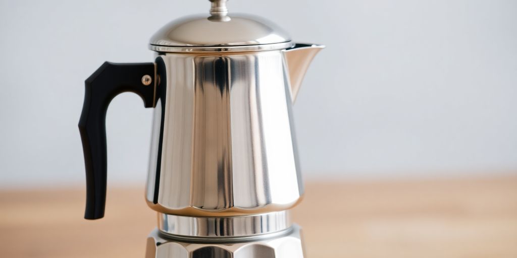 Shiny Bialetti Venus coffee maker on a dark surface.