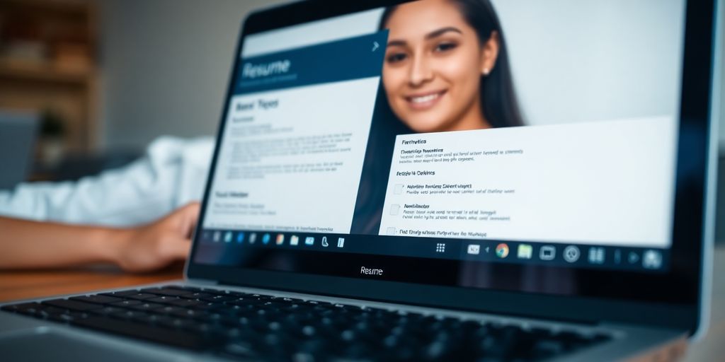Laptop screen displaying resume template with person smiling.